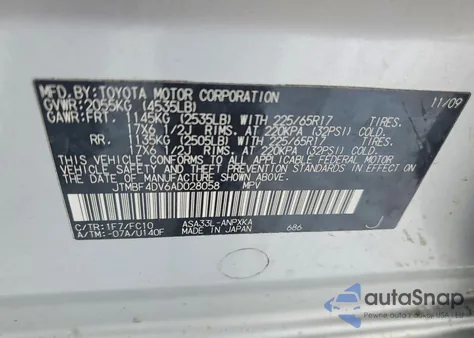 2010 Toyota Rav4 из США, поврежденный, VIN JTMBF4DV6AD028058